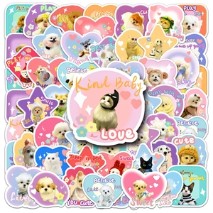 Detailed view of colorful pet stickers with cute cat and dog designs and English phrases