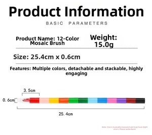 Detailed size specifications and dimensions for the 12-color stackable crayon pen