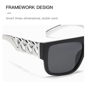 Detailed close-up of the silver twisted chain hinge on black punk style sunglasses
