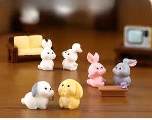 Miniature resin rabbit family figurines with tiny furniture for micro landscape decor