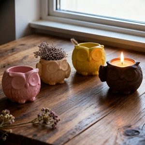 Macro detail of four colorful ceramic owl containers used as candle holders and flower pots