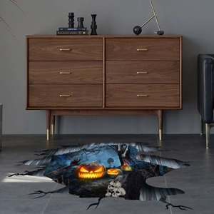 3D Halloween floor sticker featuring scary pumpkin, skulls and zombie hands in home decor