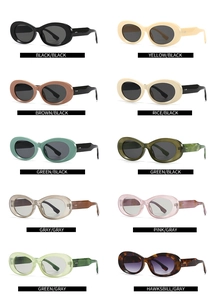 Matrix display of oval sunglasses in ten color variants including black and tortoiseshell