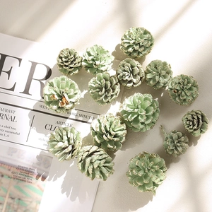 Natural light green pine cones with gold glitter for Christmas DIY holiday decoration