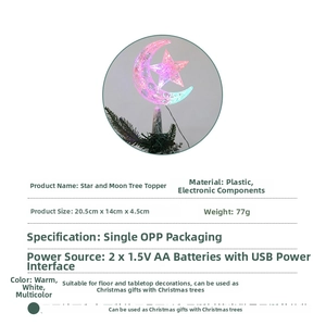 Detailed specs of star and moon tree topper with dimensions and USB power info