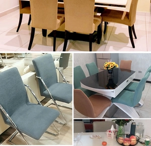Collage of elastic chair covers in beige, brown, blue, and teal for home dining chairs