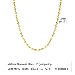 Detailed specs of 3mm gold stainless steel bead necklace with size and weight info