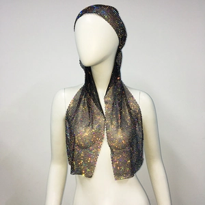 Detailed view of black mesh turban headband featuring shimmering rhinestones for women