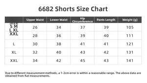 Detailed size chart for breathable yoga shorts including waist, hip, and length measurements