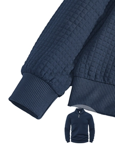 Close-up of waffle texture and ribbed cuffs on men's navy blue polo sweatshirt