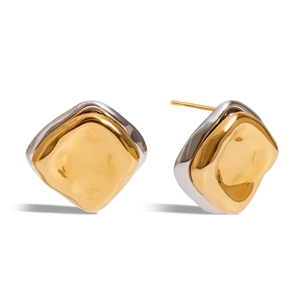 Irregular square stainless steel stud earrings featuring gold hammered texture and silver finish