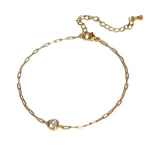 Minimalist 18k gold plated paperclip chain bracelet with a sparkling round zircon stone