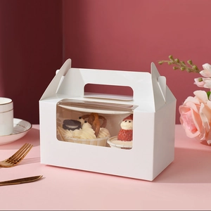 Boîte à cupcakes blanche pour 2 pièces avec fenêtre et poignée dans un décor de thé