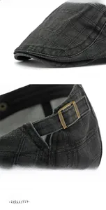 Detalle de gorra plana de cuadros grises con hebilla metálica ajustable trasera