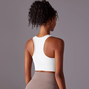 Rear view of white racerback sports bra showing high-elastic breathable fabric for yoga