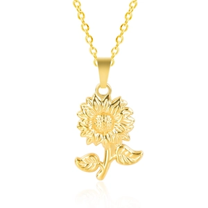Detailed view of a golden sunflower pendant with fine petal textures on a slim chain necklace