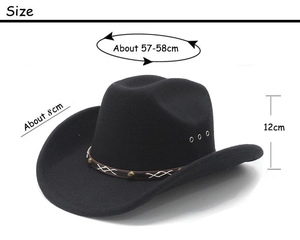 Detailed size chart for black wool felt cowboy hat with metal eyelets and 8cm brim