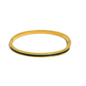 Polished gold-plated stainless steel bangle featuring green rectangular stones on white background