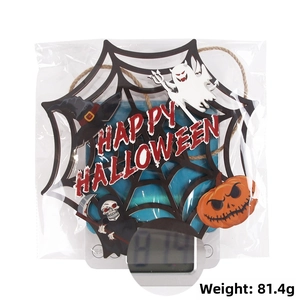Detail of wooden Happy Halloween spider web sign with ghosts and pumpkin weighing 81.4g