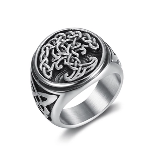 Vintage Tree of Life stainless steel ring with Celtic knot patterns in silver finish