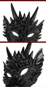 Detailed macro view of black dragon mask showing 3D scale textures and sharp spikes