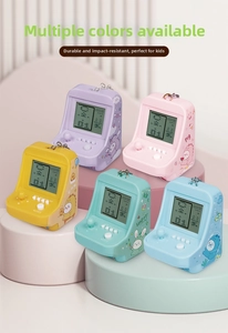 Miniature handheld arcade console keychains in pastel colors with cartoon patterns