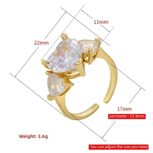 Detailed dimensions of gold heart-shaped zircon ring with adjustable band size 17mm
