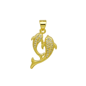 Detail of gold dolphin pendant with sparkling zircon inlay for oceanic jewelry necklace