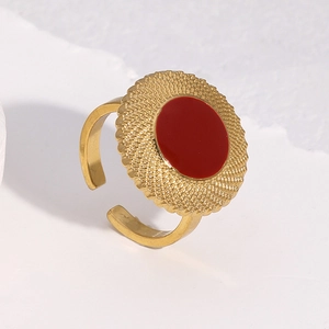 Vintage 18k gold plated stainless steel open ring with red enamel and radial texture