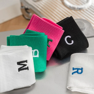Mid-tube cotton socks with ABC letter embroidery in multiple colors for sports