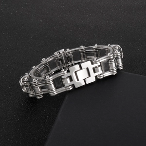 Polished silver stainless steel 16mm bike chain bracelet with skull clasp for men