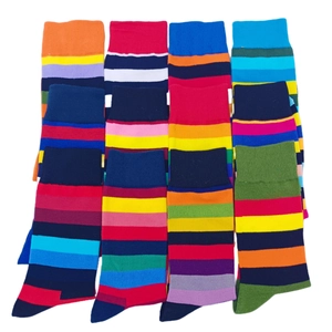 Flat lay display of colorful men's striped crew socks in multiple vibrant color combinations
