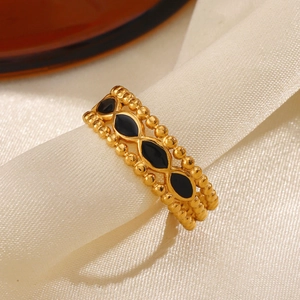 Vintage 18K gold plated stainless steel ring with black enamel diamonds and beaded edge
