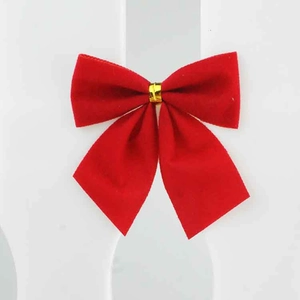 Red flocked velvet 5cm Christmas bow with gold metallic twist tie for tree decor