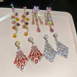 Luxury zircon heart tassel earrings with silver needle posts for elegant evening wear