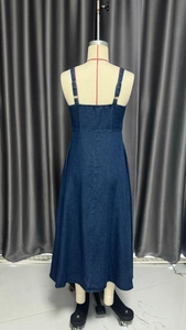 Detail of adjustable straps and topstitching on dark blue denim maxi sundress
