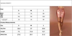 Size chart showing hip, waist and length for the rose gold PU lace-up mini skirt