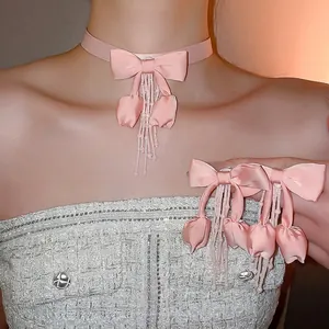 Elegant pink silk bow choker necklace and hair clips set with crystal tassel flowers