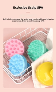 Detailed set of four silicone scalp massage brushes in soft pastel colors in a white basket