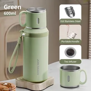 Termo de acero inoxidable 316 verde de 600ml con asa portátil e infusor de té