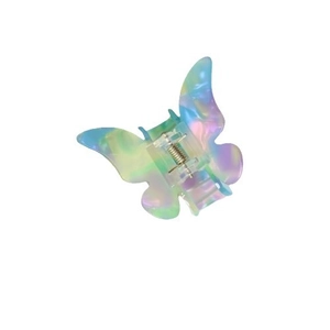 Holographic butterfly hair claw clip with colorful acetate finish on white background