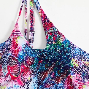 Graffiti print one-piece swimsuit with colorful snakeskin pattern and adjustable straps