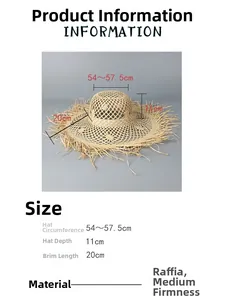 Size chart showing large brim raffia straw hat dimensions with raw edge detail