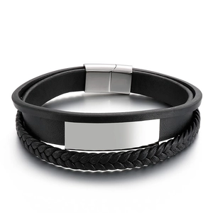 Men Braided Leather Bracelet With Stainless Steel ID Plate Multi Layer Wrap Wristband Fashion Jewelry Gift For Him