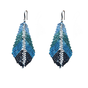 Sparkling diamond leaf tassel ear hooks with blue gradient feathers in a luxury style