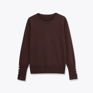 Classic crew neck long sleeve knit sweater in coffee brown with gold buttons on cuffs