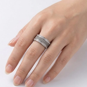 Fashionable braided mesh stainless steel wide ring with sparkling double-row crystals
