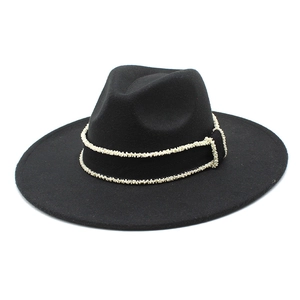 Classic black wide-brim wool felt fedora hat featuring elegant white pearl band decoration