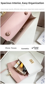Detail view of the spacious pink interior and gold lock of the white crossbody bag