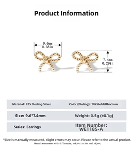 Detailed view of silver bow stud earrings with dimensions 9.6x7.4mm in rope texture